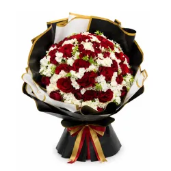 د سورو ګلابونو او سپینو سټاک ګلونو لوکس ګلدسته